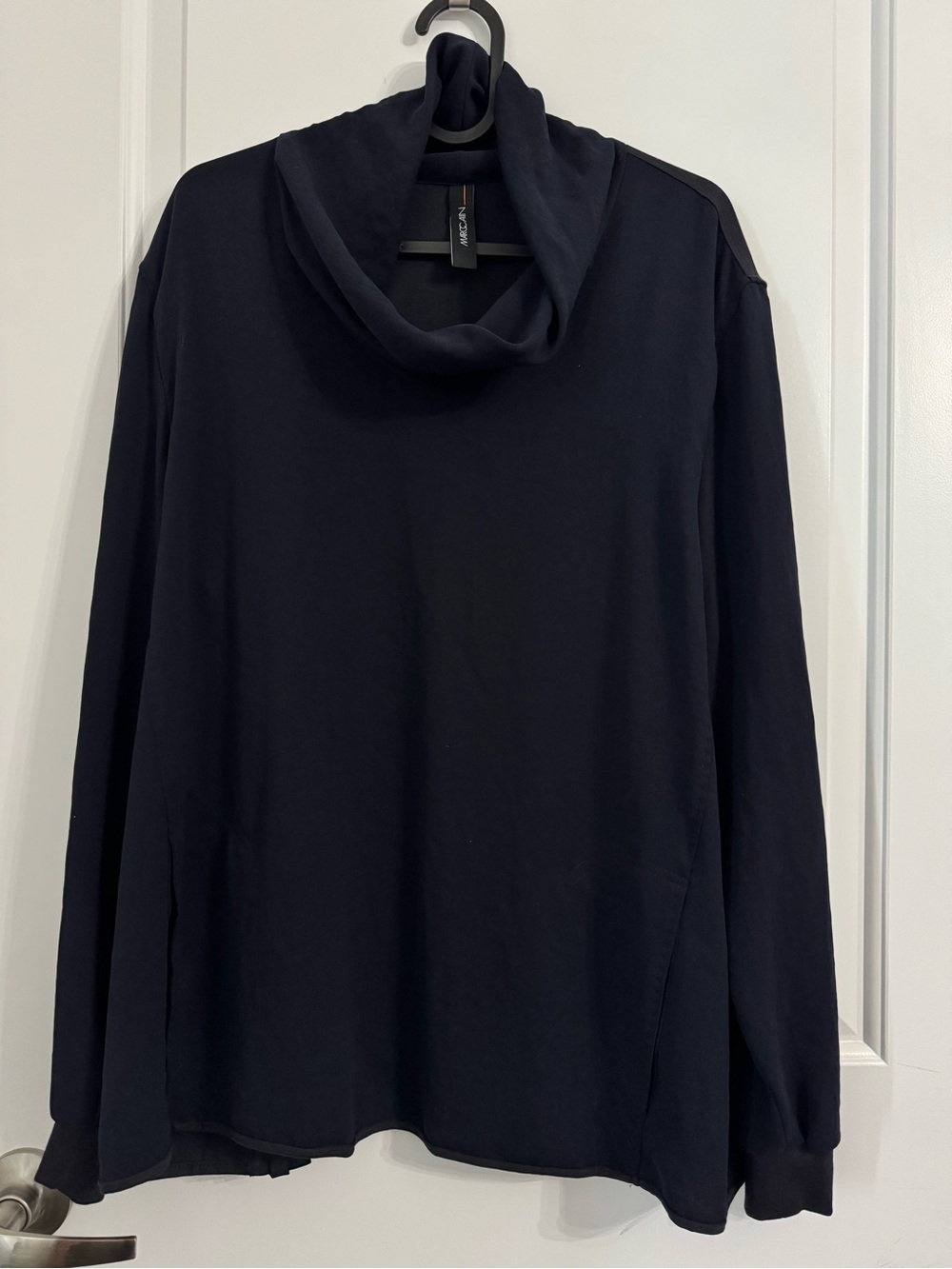 NWT Marc Cain Navy Cowl Neck Long Sleeve Blouse with pleated back and pockets N6